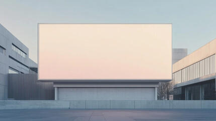 Obraz premium large blank billboard stands prominently in urban setting, surrounded by modern architecture. minimalist design and soft pastel sky create serene atmosphere, perfect for advertising