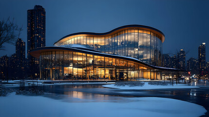 Fototapeta premium Modern Glass Building in Winter - Nighttime Architecture