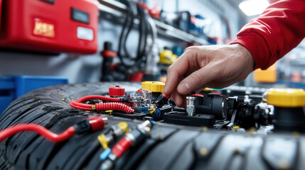 Close up of mechanic hand adjusting equipment on tire, showcasing precision and skill in automotive maintenance
