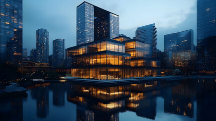 Modern Glass Building in City Skyline at Dusk - 3D Illustration