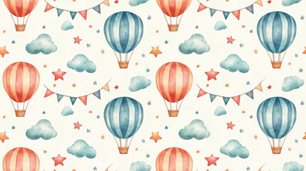 Seamless watercolor pattern featuring vintage hot air balloons adorned with garlands clouds and stars perfect for baby showers and children s birthday celebrations