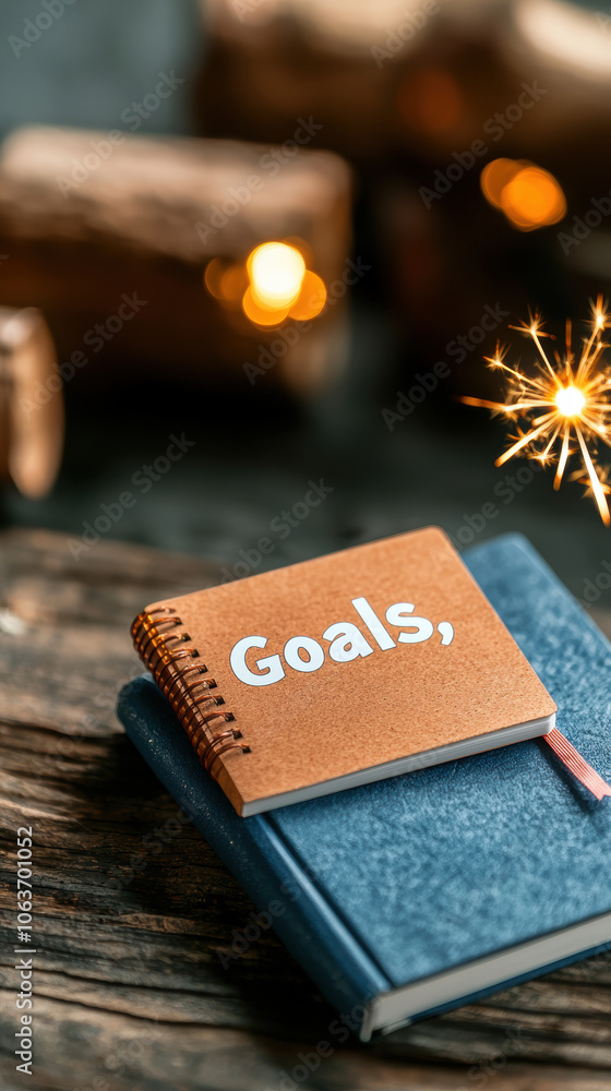 Poster festive sparkler lights illuminate notebook labeled goals resting on blue notebook, creating warm an