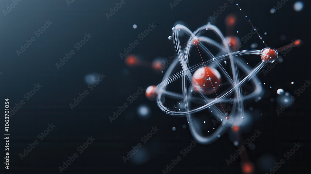 Poster 3d rendering of atomic structure with red and white particles, showcasing beauty of atomic science a