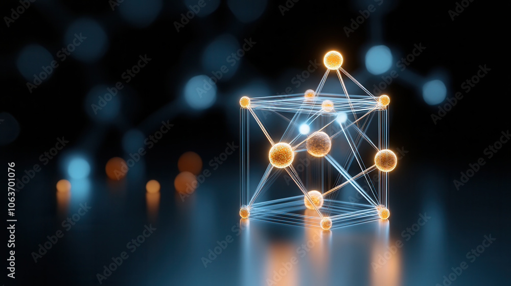 Poster 3d rendering of atomic structure with glowing particles and connections, showcasing vibrant and dyna