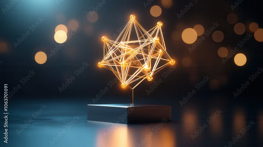 Poster glowing 3D atomic structure with interconnected lines and nodes, showcasing modern design. background features soft bokeh effect, enhancing visual appeal