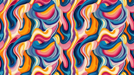 Obraz premium Colorful psychedelic seamless pattern featuring interwoven curved shapes vibrant backdrop for textiles and design