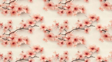 Seamless pattern of delicate oriental cherry blossoms on soft pastel background ideal for textile and wallpaper design