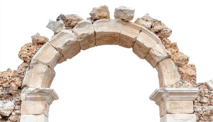Obraz premium A weathered stone archway with intricate carvings, its surface worn by time, set against a pure white background.