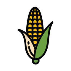 Corn on the cob illustration with husk, Illustration of a corn on the cob with green husk partially peeled, representing agriculture, food, and harvest themes in a simple style.