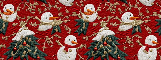 Embroidery Seamless Pattern, Create festive holiday decor with charming snowman embroidery, Christmas Wall Decoration