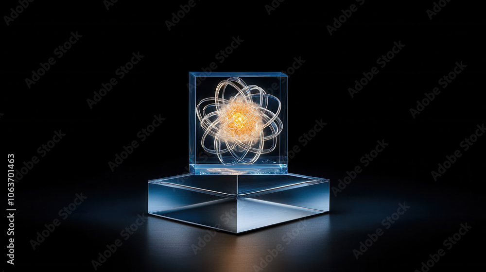 Aufkleber visually striking atomic structure displayed in glass cube, radiating energy and light, creating cap