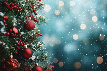 Weihnachtlicher Hintergrund mit Schnee und verschiedenen weihnachtlichen Dekorationen - Freier Platz f&uuml;r Text   