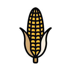 Corn on the cob illustration with husk, Illustration of a corn on the cob with green husk partially peeled, representing agriculture, food, and harvest themes in a simple style.