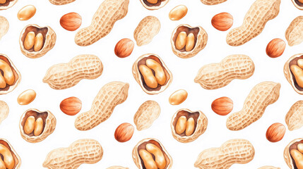 Seamless watercolor pattern featuring whole peanuts halved kernels and peanuts in shells on a white background ideal for breakfast food designs