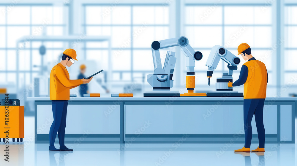 Poster dynamic factory scene showcasing sustainable production with robotic arms and workers. atmosphere is