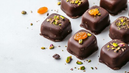 Array of chocolates with dried fruits like apricots, cranberries, and a sprinkle of pistachio.