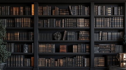 A black bookshelf filled with antique books in a dark room with a small plant in the corner.