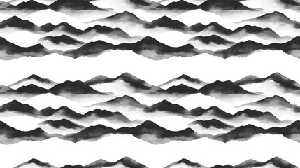 Seamless black and white hand drawn landscape pattern featuring mountain outlines and brush stroke watercolor textures for artistic design use