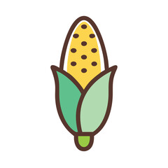 Corn on the cob illustration with husk, Illustration of a corn on the cob with green husk partially peeled, representing agriculture, food, and harvest themes in a simple style.