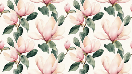 Seamless watercolor pattern featuring magnolia flowers and lush leaves perfect for textile design and home decor