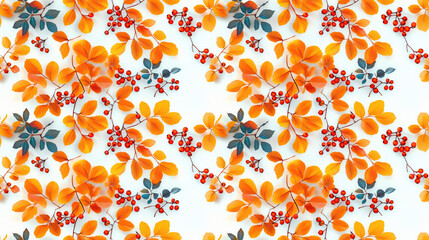 Seamless autumn pattern featuring vibrant leaves and rowan berries on a white background perfect for home textiles and wallpaper design