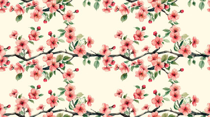 Seamless pattern of hand drawn watercolor Sakura branches adorned with delicate pink flowers and vibrant green leaves perfect for spring themed designs
