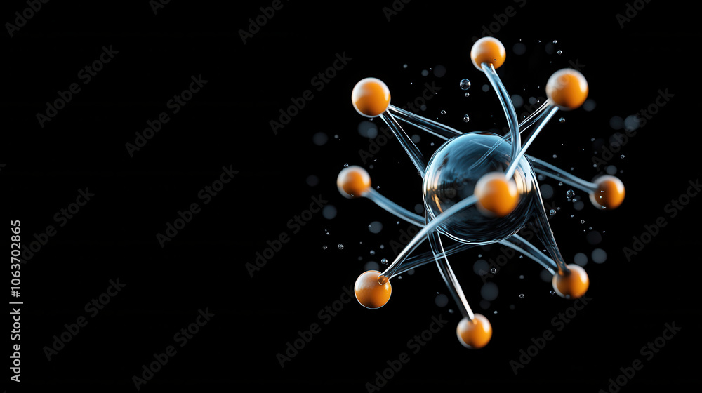 Poster 3d atomic structure with orange spheres and transparent bonds, representing crystal lattice. image c