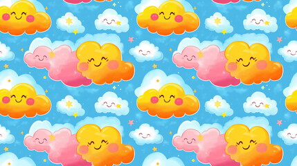 Seamless pattern featuring cheerful retro cartoon clouds with smiling faces ideal for playful designs and children s products