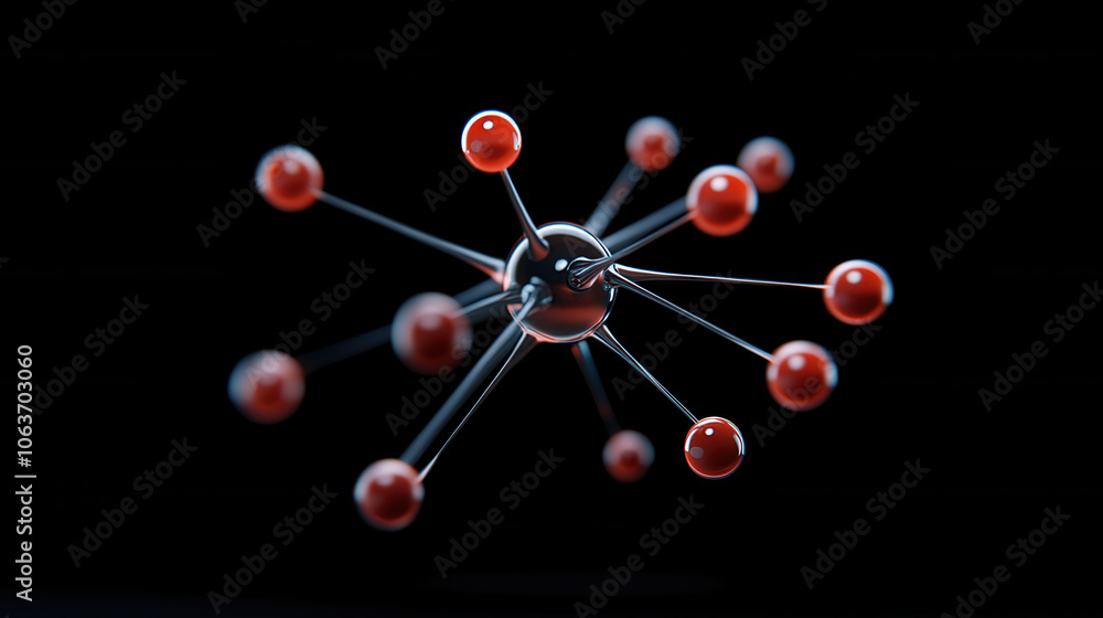 Poster 3d atomic structure with red spheres and black core, representing crystal lattice. design showcases 