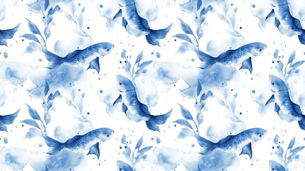 Watercolor fish seamless pattern on a white background perfect for fabric design and home decor