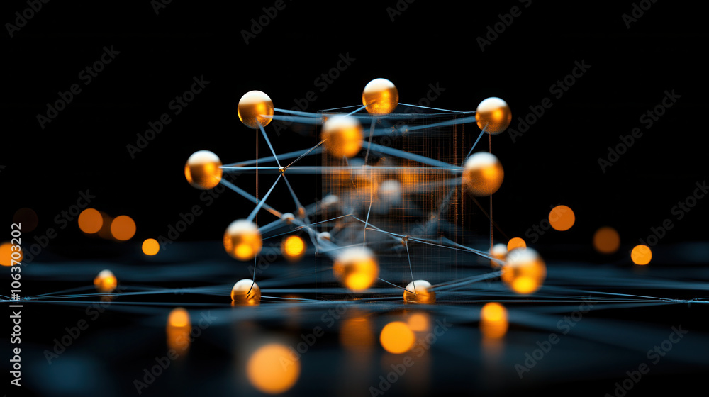 Poster 3d rendering of atomic structure with glowing spheres and connections, showcasing scientific concept