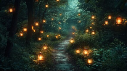 A winding path through a dense forest lit by glowing lanterns.