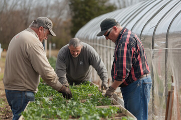 Fototapeta premium Farmers Setting Up a Greenhouse, Teamwork in Agriculture