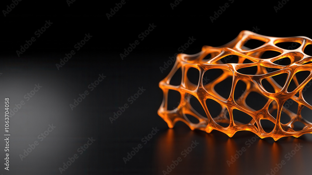 Poster 3d atomic structure in orange, showcasing intricate design and detail, set against dark background, 