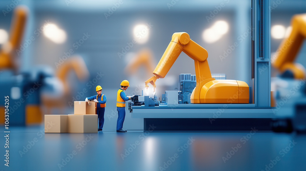 Poster realistic depiction of factory floor with workers and robotic arm. scene highlights automation and t