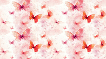 Seamless watercolor pattern featuring hand drawn pink and orange butterflies on a soft pink and white background ideal for textile and home decor designs