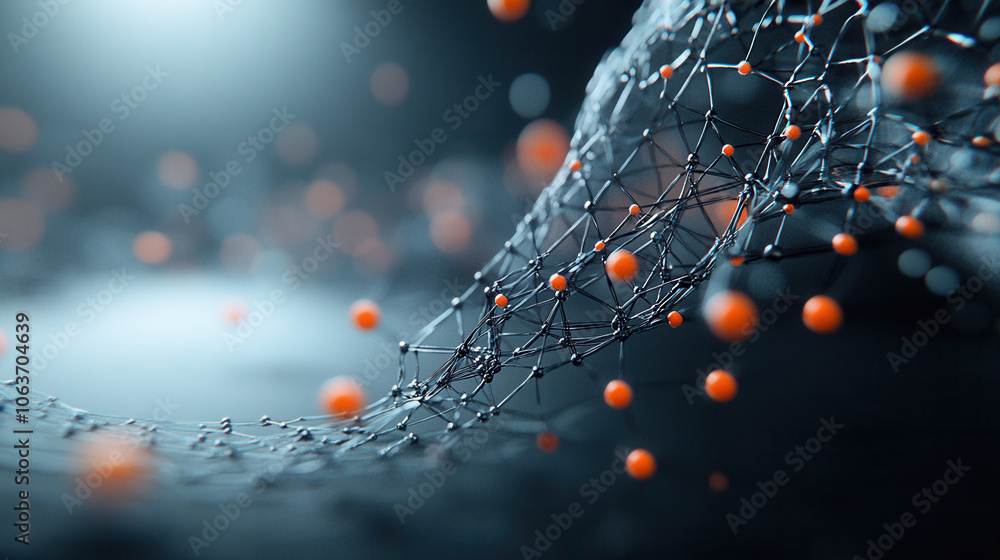 Poster abstract representation of atomic structure with interconnected black lines and orange spheres, crea