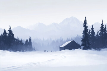 Fototapeta premium A snowy landscape with a cabin in the distance