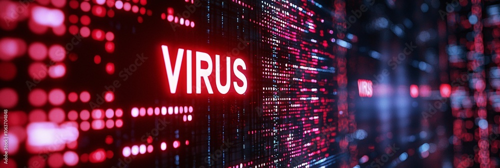 Fototapete digital representation of a virus, featuring red text against a matrix of data. abstract composition