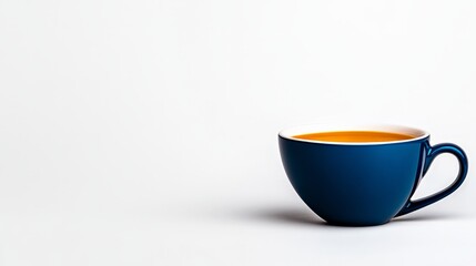 A Simple Cup of Blue: A blue ceramic cup filled with a warm, golden-brown beverage sits on a white surface, ready to bring a moment of peace and relaxation.  