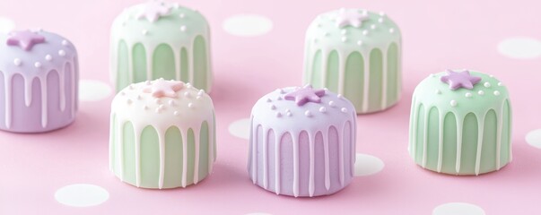 Mini cakes in shades of mint green and lilac with drizzled icing and candy stars, displayed on a pink background with polka dots.