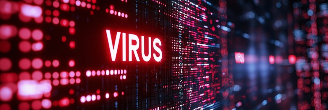 Digital representation of a virus, featuring red text against a matrix of data. Abstract composition illustrating cybersecurity and digital threats.