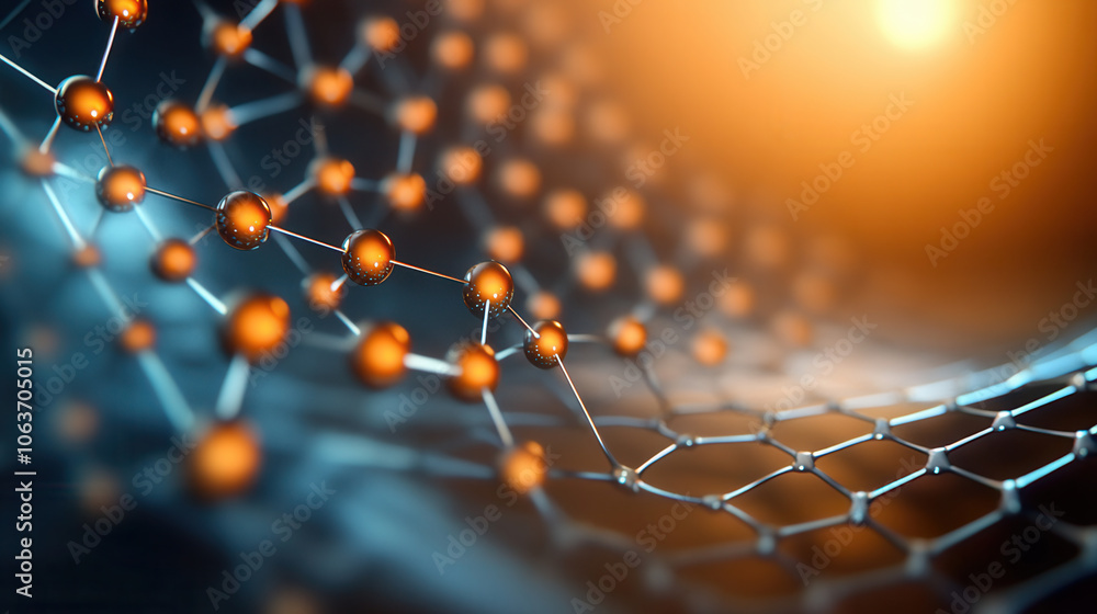 Poster detailed crystal lattice atomic structure showcasing interconnected atoms and bonds, illuminated by 