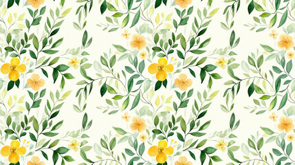 Seamless watercolor pattern featuring hand painted wildflowers green leaves and branches ideal for wedding invitations or greeting cards