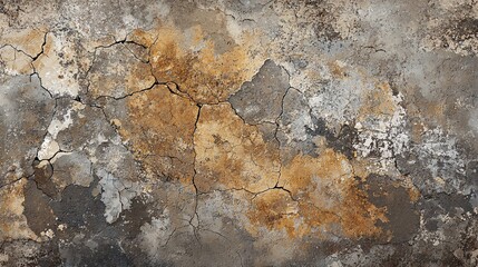Naklejka premium Textured wall with cracks and peeling paint, showcasing a mix of earthy tones, ideal for background or artistic projects.