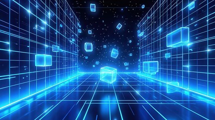 Naklejka premium A futuristic digital tunnel with glowing blue cubes floating in a neon grid pattern, creating a sense of high-speed movement and infinite space.