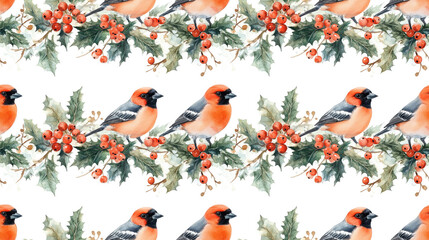 Seamless watercolor pattern featuring vibrant bullfinches and holly perfect for Christmas designs holiday decor festive artwork