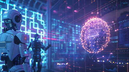 Fototapeta premium A workplace of the future where AI enhances human collaboration through real-time data insights, task automation, and workflow optimization.