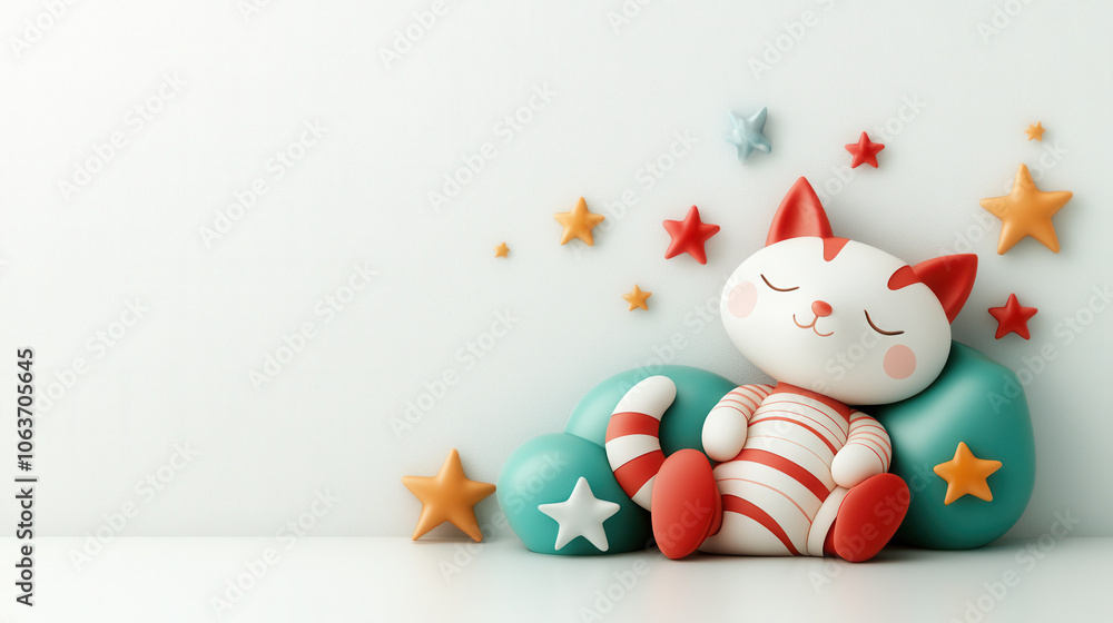 Poster Cute cartoon cat sleeping on soft cushion surrounded by colorful stars. playful design features striped pattern and serene expression, creating whimsical atmosphere