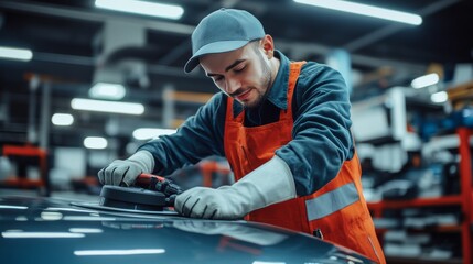 A professional worker polishing a car hood with an orbital polisher in a service center, emphasizing detailing and care.
